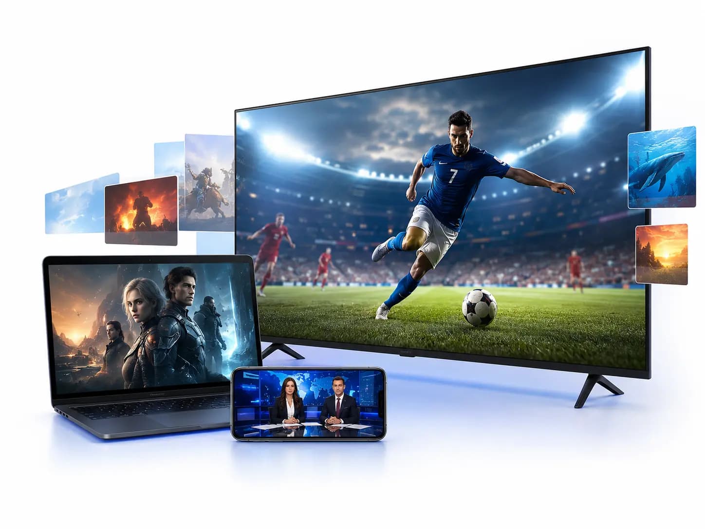 IPTV Streaming auf Smart TV, Laptop und Smartphone in 4K Qualitaet